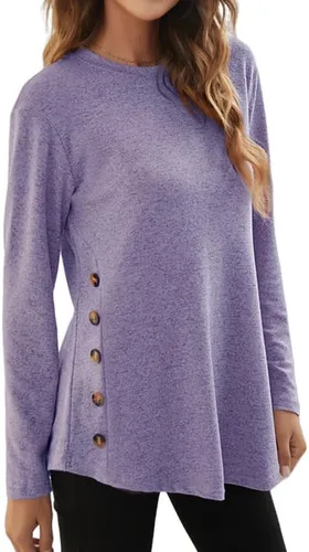 Vista 3 de Camiseta de manga larga de gran tamaño para mujer, con botones laterales, cuello redondo
