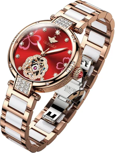 Vista 13 de OUPINKE Relojes automáticos para mujer, con diamantes elegantes, de vestir, de esqueleto, mecánico, cuerda automática, impermeable, luminoso