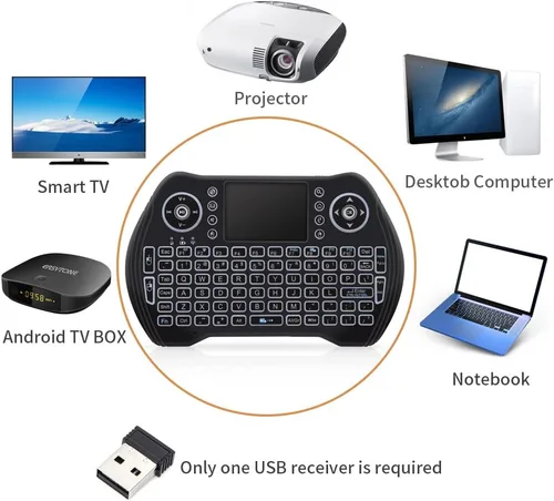 Vista 6 de Mini teclado retroiluminado, mini teclado inalámbrico de 2.4 GHz con ratón de panel táctil, control remoto portátil para PC, Raspberry Pi 2, Pad