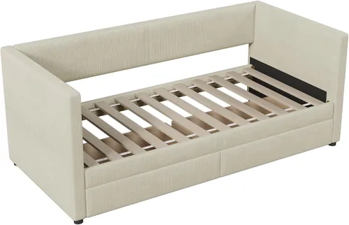 Vista 5 de Sofá cama de pana de tamaño individual con dos cajones, marco de sofá cama de madera maciza con soporte de listones de madera para dormitorio