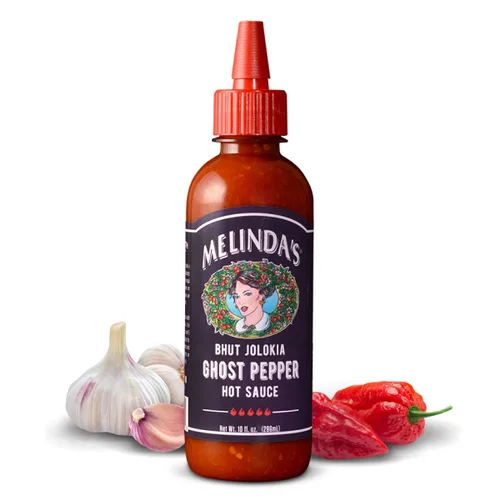 Vista 3 de Salsa picante de pimiento fantasma de Melinda's - Salsa picante extra gourmet - Hecha con ingredientes frescos, pimientos fantasma (Bhut Jolokia)