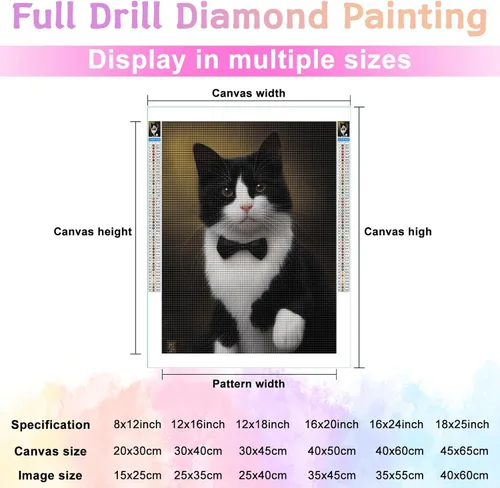 Vista 3 de Kits de pintura de diamantes para adultos, hermoso esmoquin y gato redondo de taladro completo de diamantes 5D, arte de gemas para decoración