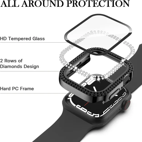 Vista 4 de Adepoy Funda para Apple Watch de 38 mm Serie 3/2/1 con protector de pantalla de vidrio templado, doble Bling Case Crystal Diamonds Bumper Total Hard