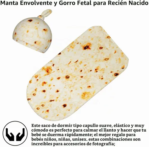 Vista 3 de Burrito Taco Tortilla Manta para recién nacido con juego de gorro, manta suave y elástica, regalo divertido para la ducha de niños y niñas Tortilla
