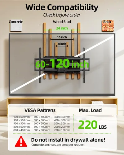 Vista 3 de USX MOUNT Soporte de pared de TV de movimiento completo resistente para televisores de 60 a 120 pulgadas, soporta 220 libras, soporte de pared
