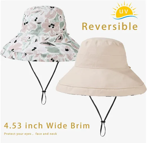 Vista 6 de vidsel Sombreros de sol para mujer, de ala ancha, reversible, de algodón, plegable, de verano, con clip para sombrero, protección UV Beige