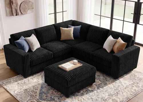 Vista 21 de HONBAY Sofá modular de pana con almacenamiento, sofá en forma de U con diván, sofá modular de 7 plazas para sala de estar, color beige