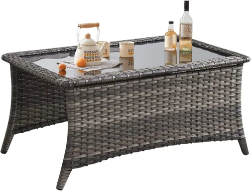 Vista 87 de Belord Mesa auxiliar pequeña para exteriores, mesa de mimbre de vidrio templado, mesa de centro impermeable para patio, mesa auxiliar de ratán