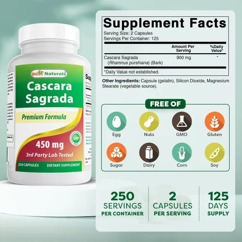 Vista 2 de Best Naturals Cascara Sagrada 450 mg 250 Cápsulas