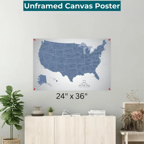 Vista 2 de Blue USA Map Poster with Pins – Cool Tone Personalized United States Travel Map Canvas – Large 24" x 36