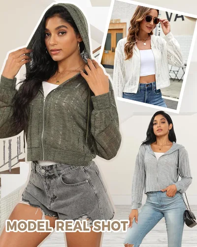 Vista 4 de Lokesaidi Sudadera corta con capucha y cremallera para mujer, ligera, ahuecada Y2K, manga larga, con cordón