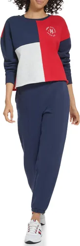 Vista 4 de Tommy Hilfiger Sudadera estampada con cuello redondo y manga para mujer, ligeramente recortada, con estampado de bloques