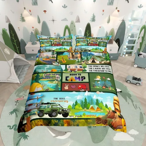 Vista 33 de Erosebridal Juego de funda de edredón de cabaña de cabaña, ropa de cama individual para niños, funda de edredón de campamento feliz, ropa de cama