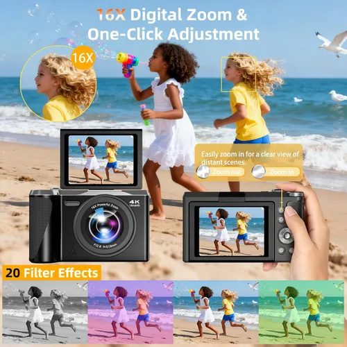 Vista 4 de Cámara digital 4K para fotografía, cámara de enfoque automático de 56 MP con pantalla abatible de 180° de 3 pulgadas, cámara compacta de viaje