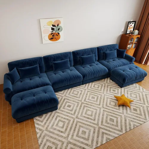 Vista 104 de Sofá modular de gran tamaño de 94 pulgadas, sofás seccionales grandes de color beige y blanco para sala de estar, juego de sofá de terciopelo, sofás
