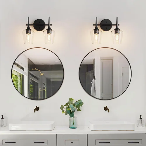 Vista 8 de Luz de Tocador Negra de 2 Luces Estilo Granja Moderno Lámpara de Baño con Pantallas en Forma de Copa de Vino para Espejo de 16 Pulgadas, Aplique