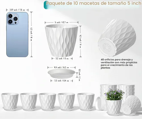 Vista 2 de Paquete de 10 macetas de 5 pulgadas con drenaje y platillos, macetas de plástico blancas para plantas de interior y exterior, macetas de vivero