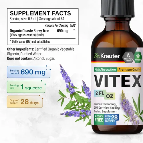 Vista 3 de BIO KRAUTER Vitex Chasteberry Suplemento para mujeres y apoyo para la menopausia* – 2 onzas líquidas 28 días de suministro – Tintura de bayas Vitex