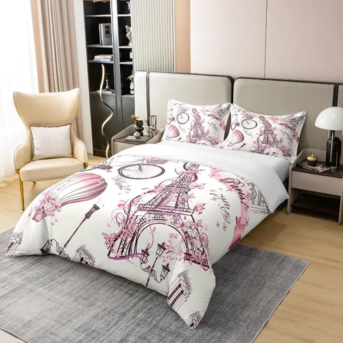 Vista 3 de Juego de funda de edredón de 100 % algodón natural con diseño de la Torre Eiffel para parejas, juego de ropa de cama floral rosa, funda de edredón