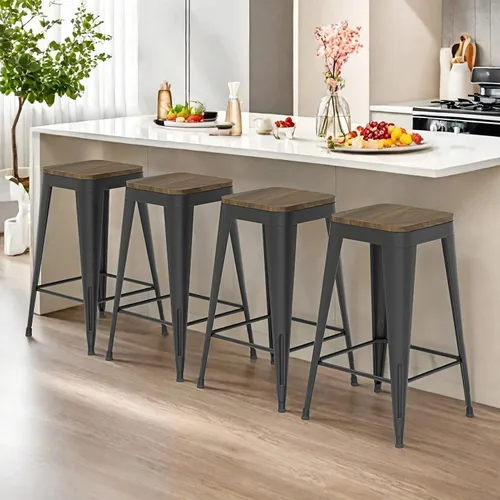 Vista 25 de Juego de 4 taburetes de bar de metal, taburetes de bar con respaldo alto con asiento de madera, taburetes de bar negros de 24 pulgadas para isla