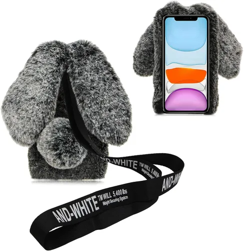 Vista 8 de Funda de felpa con orejas de conejo 3D para Samsung Galaxy S20 con correa cruzada, cálida para invierno, hecha a mano, con diamantes brillantes
