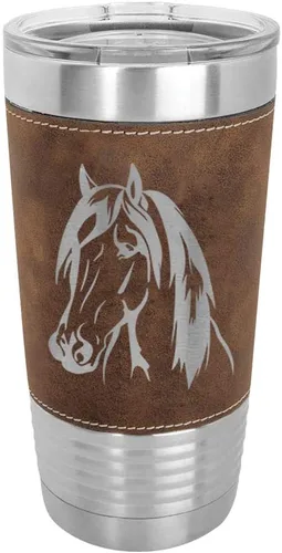 Vista 6 de LaserGram - Vaso de 20 oz con aislamiento al vacío, diseño de cabeza de caballo 1, (piel sintética, negro)