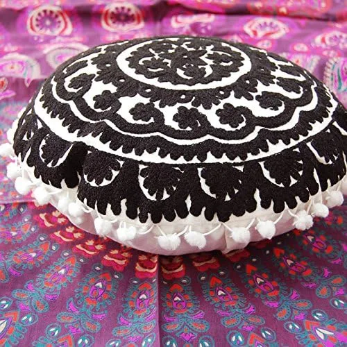 Vista 2 de Almohada redonda Suzani bohemia, fundas de cojín bordadas de 16 pulgadas, fundas de almohada decorativas, cojines indios con pompones
