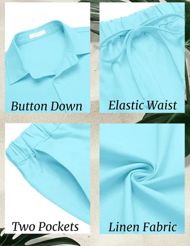 Vista 4 de COOFANDY Conjunto de lino para hombre, 2 piezas, casual, camisa con botones, pantalones con cordón