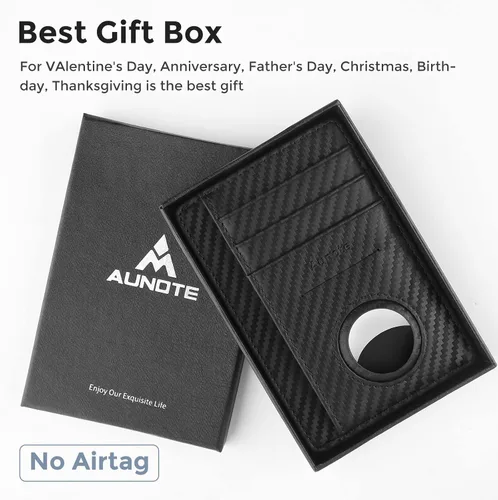 Vista 5 de Aunote Billetera AirTag de piel auténtica con bloqueo RFID, bolsillo con caja de regalo para hombres y mujeres, de fibra de carbono, Negro