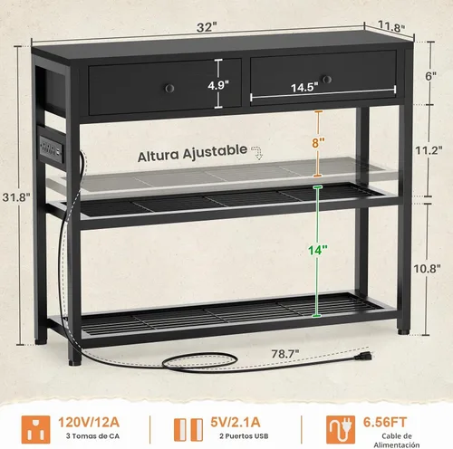 Vista 3 de Ecoprsio Mesa de Entrada con Tomacorrientes y Puertos USB, Mesa Consola con 2 Cajones, Mesa de Sofá Pequeña con Estantes de Almacenamiento para Sala