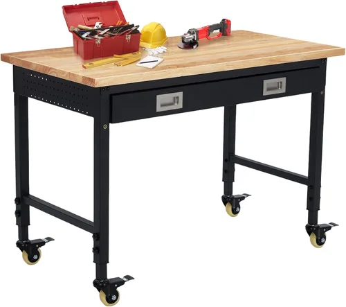 Vista 10 de Work Bench for Garage, 48" Adjustable Workbench with Power Outlets, Wheels, 2000 LBS Load Capacity, Heavy Duty Rubber Wood Top for Garage