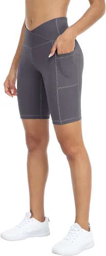 Vista 2 de WHOUARE Paquete de 4 pantalones cortos de yoga con bolsillos para mujer, cintura alta, atléticos, correr, entrenamiento, gimnasio, control de abdomen