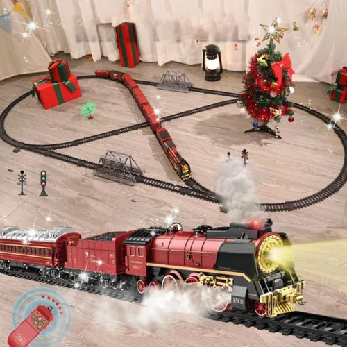 Vista 2 de Juego de tren vintage, tren a control remoto con luz, vapor y humo, modelo de locomotora eléctrica de árbol de Navidad con pista ovalada y carro