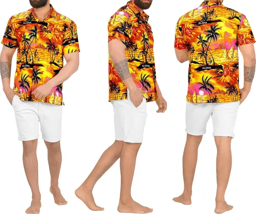 Vista 3 de LA LEELA Camisa de verano para hombre, estilo festivo, con botones, estilo hawaiano, Aloha, fiesta, manga corta, camisa de playa para vacaciones