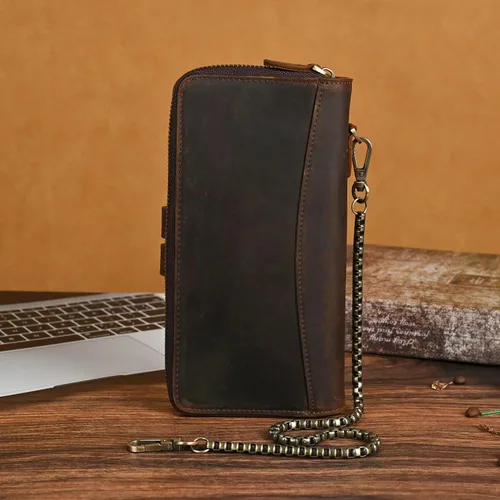 Vista 25 de Genuino Caballo Loco Cuero Regalo de Viaje Moneda Bolsillo Tarjetero Organizador Largo Cadena Rfid Cartera Monedero Con Broche Para Hombres Hombres