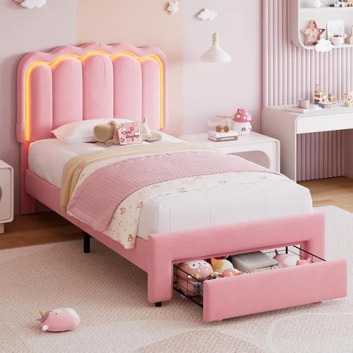 Vista 17 de Marco de cama LED tapizado individual con cajón de almacenamiento y cabecera doble ondulada ajustable, cama de plataforma de terciopelo