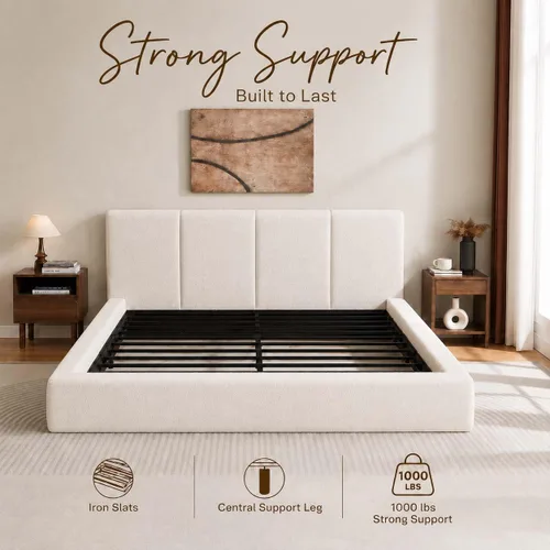 Vista 6 de Anwick Marco de cama King Cloud con cabecero, plataforma tapizada Blanco crema