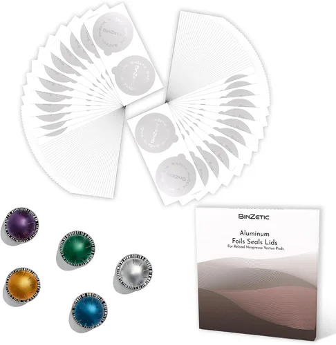 Vista 10 de BinZetic® Kit de recarga de cápsulas Vertuoline reutilizable, diseño de papel de aluminio fácil de cortar en la parte inferior y 100 tapas