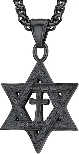 Vista 28 de U7 - Collar con Estrella de David para hombres y mujeres, dije hexagonal de acero inoxidable con cruz/piedra de rubí/collares clásicos judíos