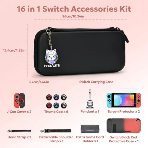 Vista 2 de Funda Switch para interruptor NS, kit de accesorios de interruptor 16 en 1 con funda de transporte para interruptor, funda protectora