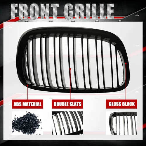 Vista 4 de Rejilla frontal de riñón compatible con BMW X5 E70 2007-2013 X6 E71 2008-2014, rejilla ABS de doble ranura en negro brillante, 2 piezas