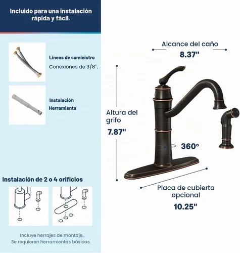 Vista 3 de Moen Wetherly 87999BRB - Grifo de cocina de arco alto de bronce mediterráneo con rociador lateral, 87999BRB