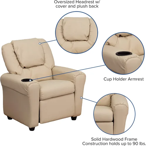 Vista 8 de EMMA + OLIVER Sillón reclinable infantil de vinilo beige con portavasos y reposacabezas