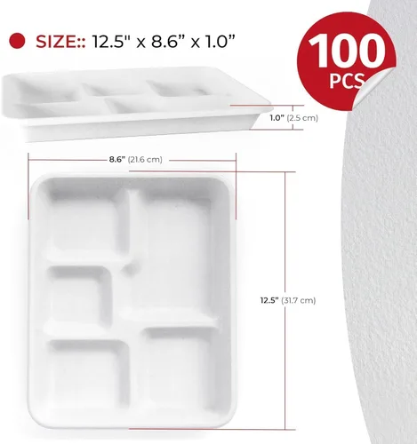 Vista 2 de Paquete de 100 platos desechables con 5 compartimentos, bandejas de 12.5 x 8.6 pulgadas para alimentos