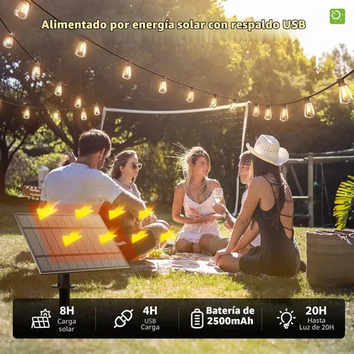 Vista 6 de KYY Luces de cadena solares de 54 (48+6) pies para exteriores con puerto USB y control remoto, impermeables e irrompibles para patio con panel