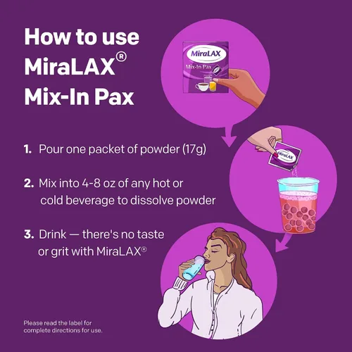 Vista 4 de MiraLAX Polvo laxante para aliviar el estreñimiento suave para adultos, suavizante de heces con PEG 3350, laxante no estimulante, sin efectos