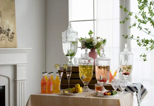 Vista 6 de Dispensador de bebidas de cristal moderno y lujoso dispensador de bebidas base y tapa fiestas, bodas, eventos, catering, 6.7 x 6.7 x 19 pulgadas