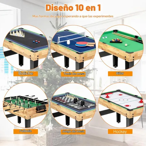 Vista 2 de GYMAX Mesa de Juegos Múltiples, Mesa de Juegos Combinada 10 en 1 con Mesa de Futbolín, Hockey, Mesa de Billar, Ping Pong, Shuffleboard, Bolos y 4