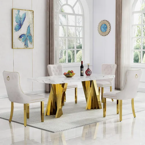 Vista 39 de HomVent - Juego de mesa de comedor de mármol sintético de 68 pulgadas con 4 sillas de terciopelo para cocina Modern Rectangular Faux Marble