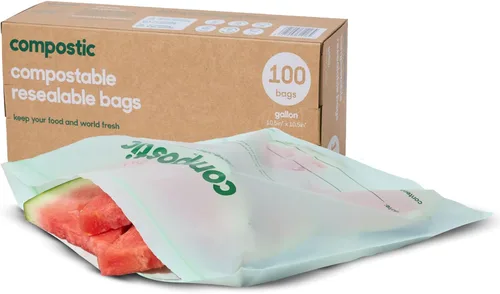 Vista 11 de Compostic Bolsas compostables de galón (60 unidades) Paquete de iniciación – Sellado con cremallera resellable, a base de plantas, compostables